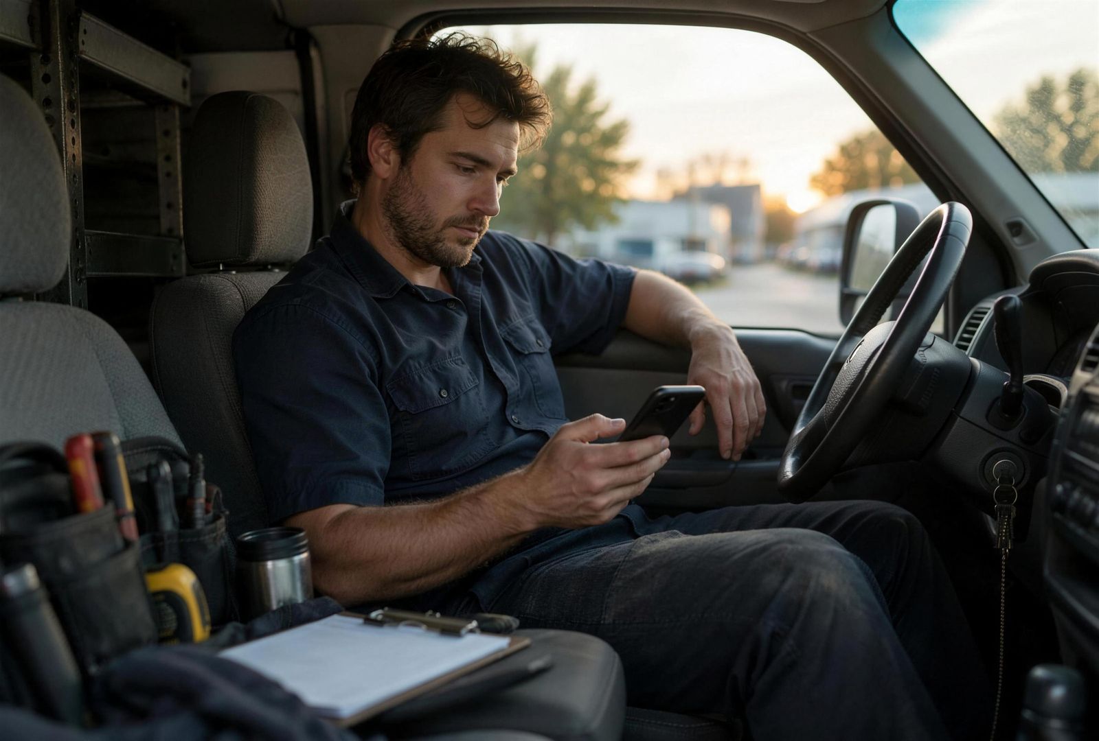 A tradesman sitting in his work van at the end of the day, looking at his phone