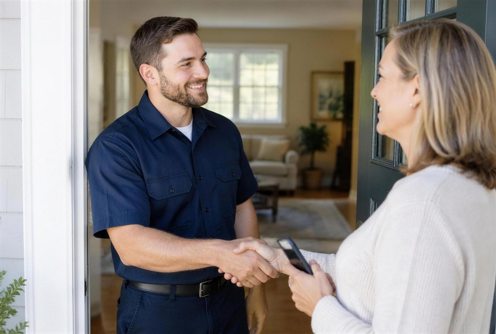 A tradesman shaking hands with a homeowner in her doorway after finishing a job