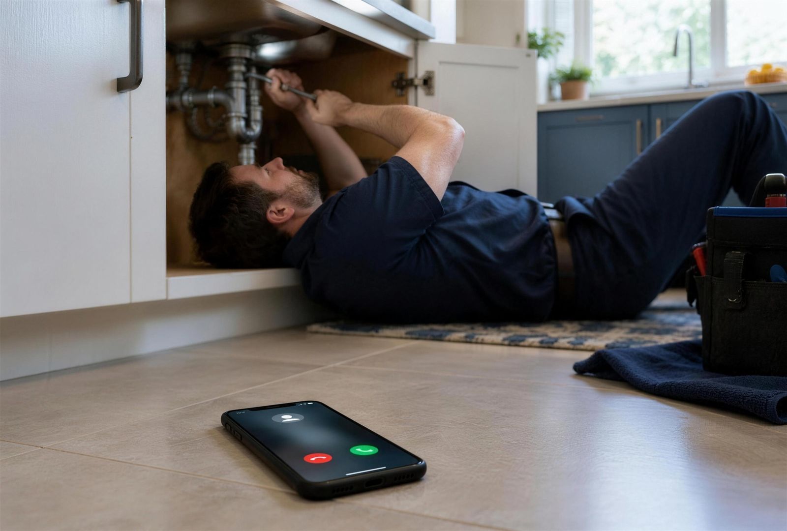 A plumber working under a kitchen sink while his phone rings on the floor beside him