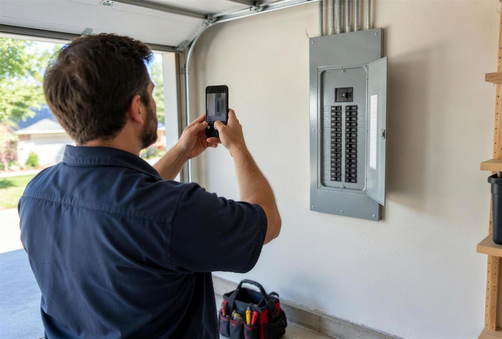 An electrician photographing a finished electrical panel with his phone